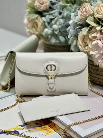 DIOR BOBBY EAST-WEST POUCH WITH CHAIN Latte Smooth Calfskin White