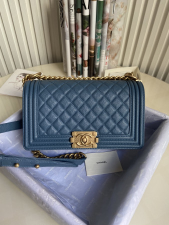 BOY CHANEL HANDBAG Shiny Grained Calfskin & Gold-Tone Metal Blue 5.9 × 9.8 × 3.5 in