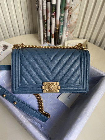 BOY CHANEL HANDBAG Shiny Grained Calfskin & Gold-Tone Metal Blue 5.9 × 9.8 × 3.5 in