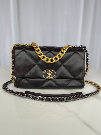 CHANEL 19 LARGE HANDBAG Shiny Leather, Gold-Tone, Silver-Tone & Ruthenium-Finish Metal Black 7.8 × 11.7 × 3.9 in