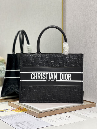 Calfskin Embossed Medium Dior Book Tote Black WHITE 14 x 11 x 6.5 inches