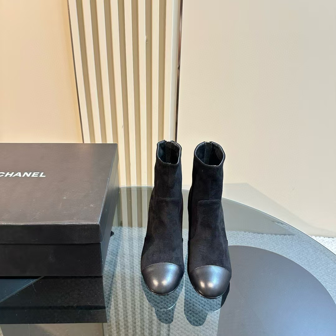 Chanel Short Boots Suede Calfskin & Lambskin Black