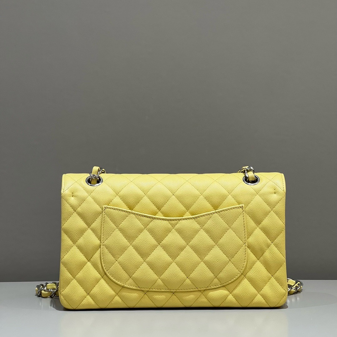 CHANEL CLASSIC HANDBAG GRAINED CALFSKIN & SILVER - TONE METAL Yellow 6×9.9×2.5in