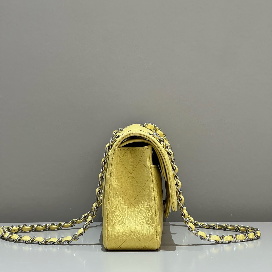 CHANEL CLASSIC HANDBAG GRAINED CALFSKIN & SILVER - TONE METAL Yellow 6×9.9×2.5in