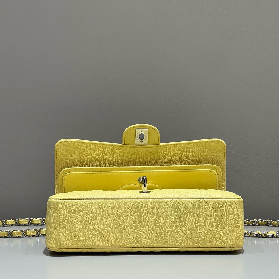 CHANEL CLASSIC HANDBAG GRAINED CALFSKIN & SILVER - TONE METAL Yellow 6×9.9×2.5in