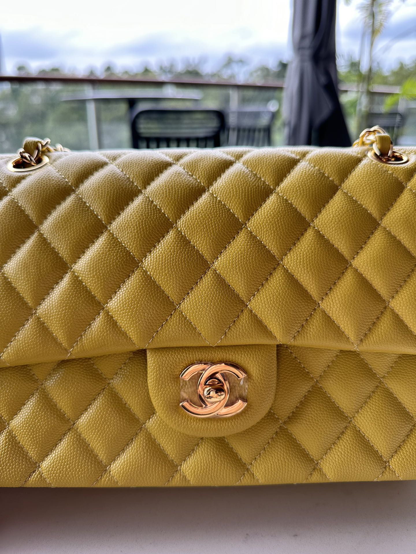 CHANEL CLASSIC HANDBAG GRAINED CALFSKIN & GOLD-TONE METAL yellow 6×9.9×2.5 in