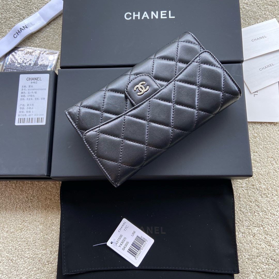 CHANEL FLAP WALLET BLACK SILVER 19.5 x10 cm