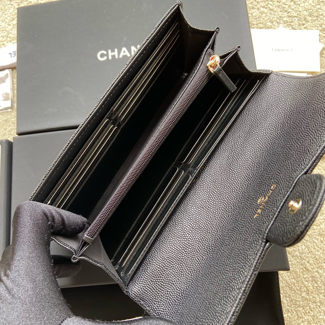 CHANEL FLAP WALLET GRAINED LEATHER BLACK GOLD 19.5 x10 cm