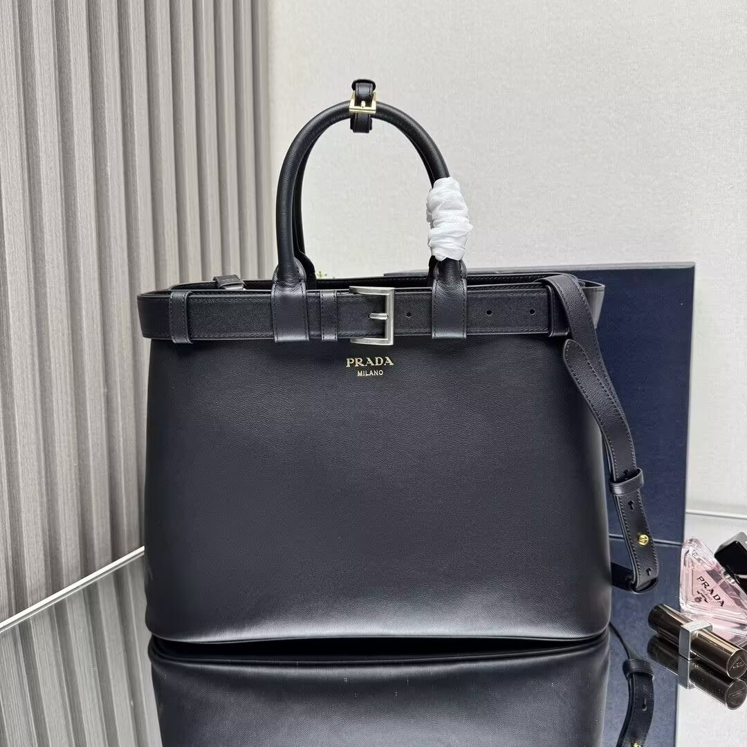 Prada Buckle leather bag with belt Black 25x35x14cm