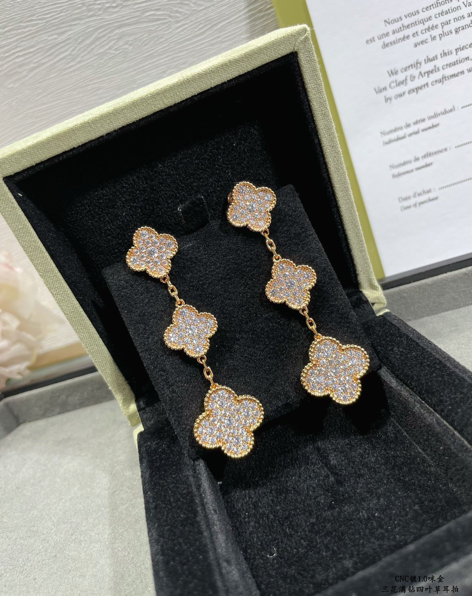 Van Cleef & Arpels Full diamond three flower four leaf clover Earrings