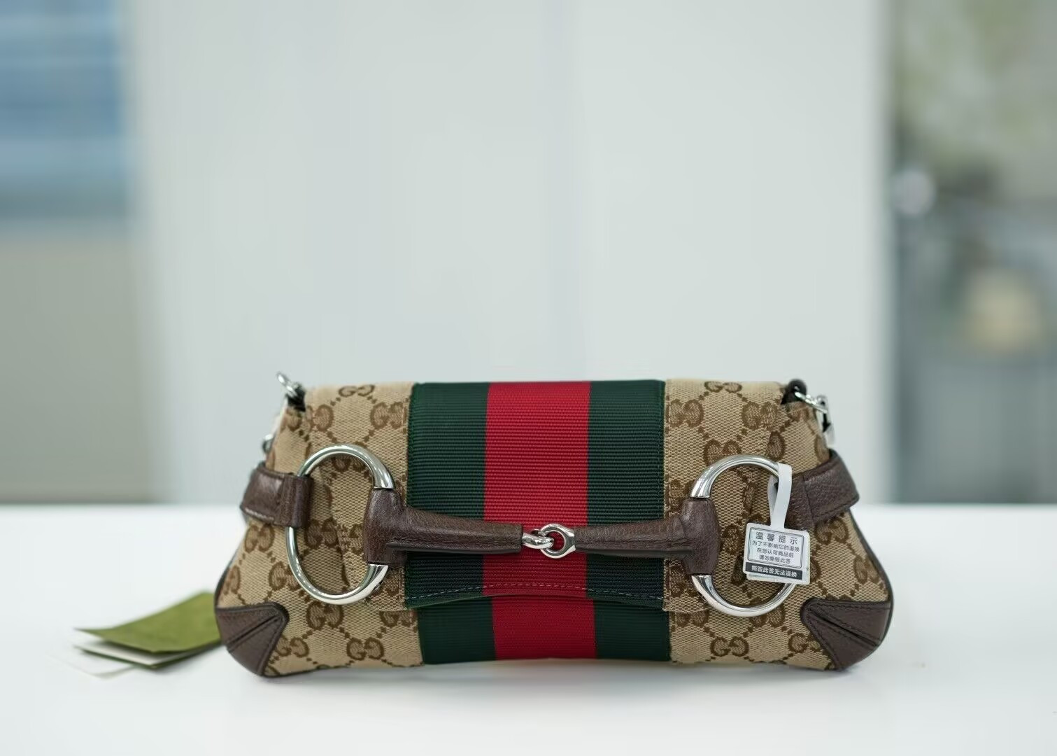 Gucci Monogram Textured Dollar Calfskin Heavy Grosgrain Web Medium Maxi Horsebit Chain Shoulder Bag 27x11.5x5cm