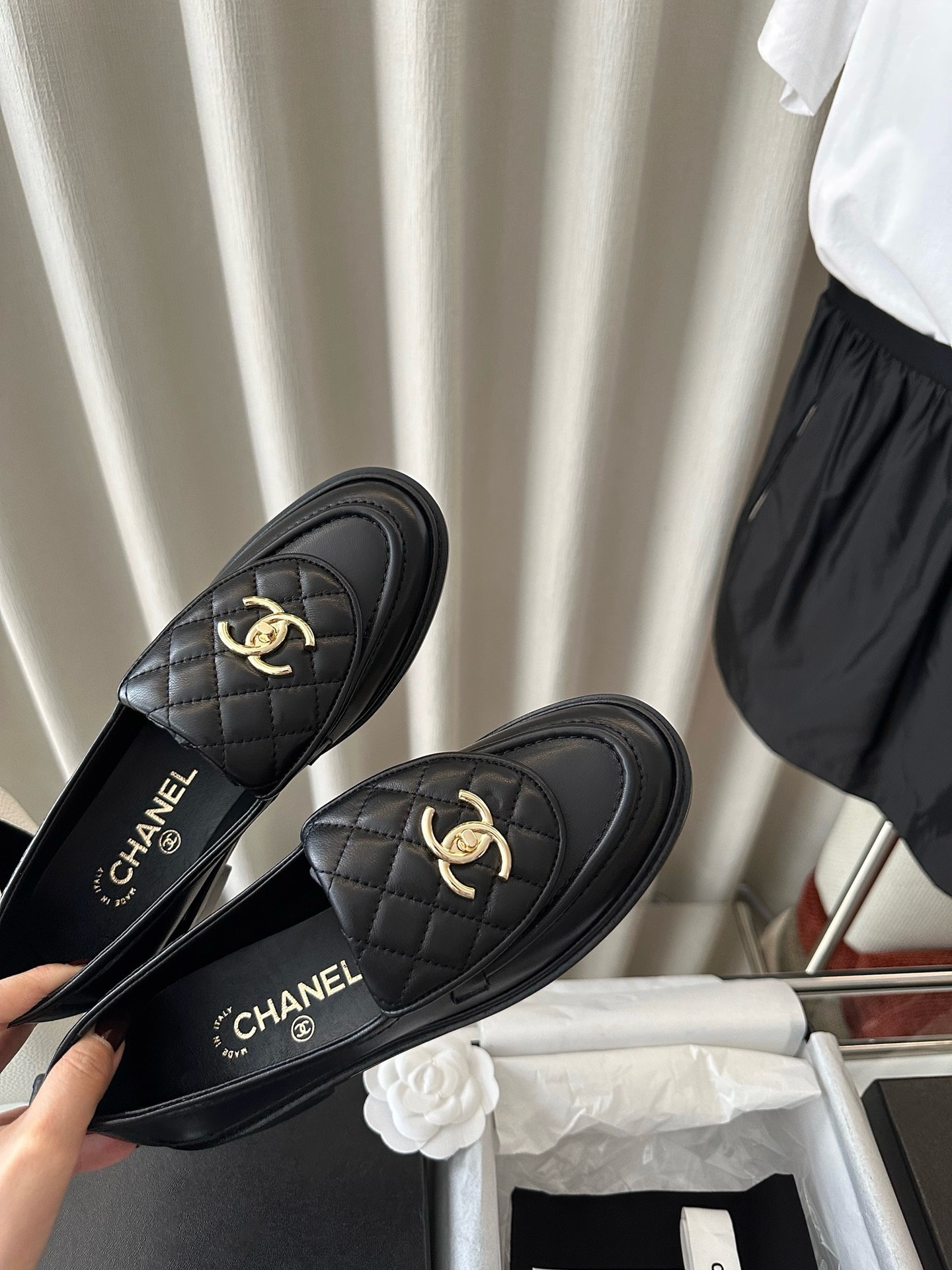 Chanel Quilted Tab Loafers  Black Leather