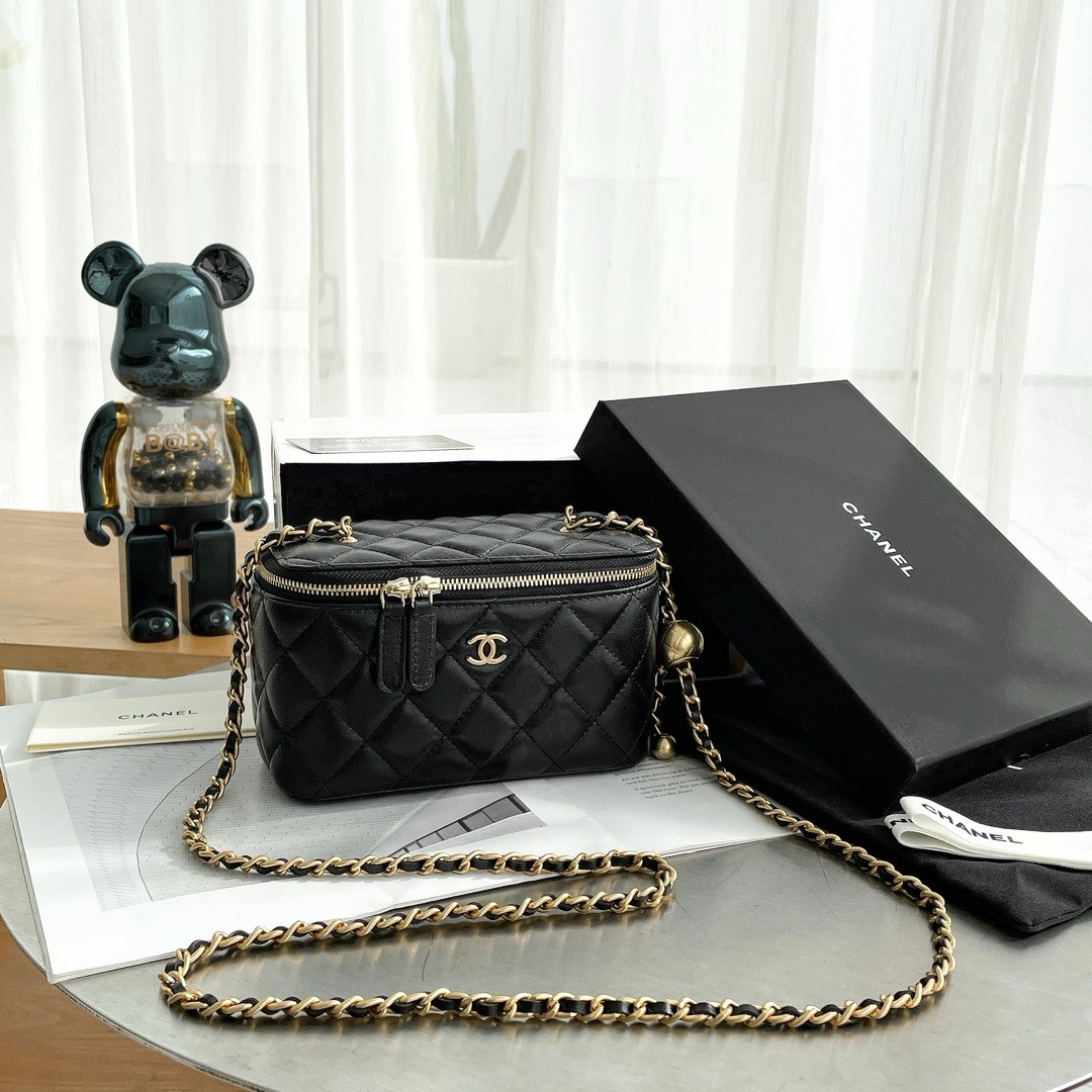 CHANEL Walnut Gold Ball Chain with Makeup Mirror Lamb Leather Square Box Shoulder Bag Women's Black