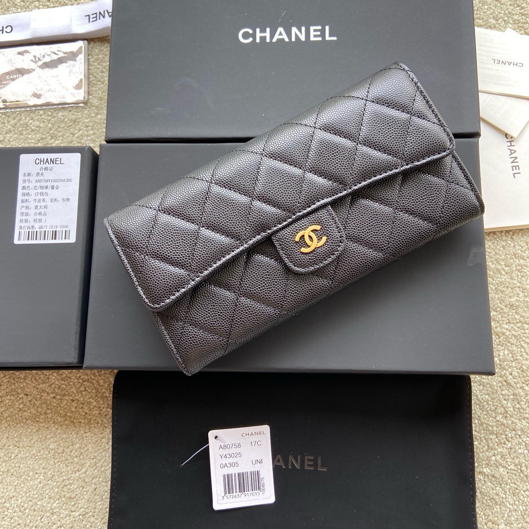 CHANEL FLAP WALLET GRAINED LEATHER BLACK GOLD 19.5 x10 cm