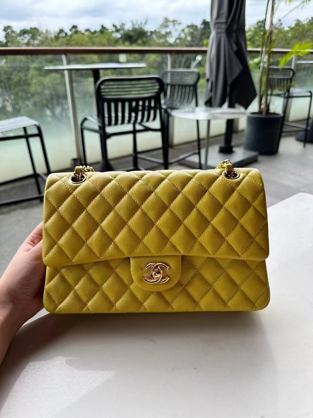 CHANEL CLASSIC HANDBAG GRAINED CALFSKIN & GOLD-TONE METAL yellow 6×9.9×2.5 in