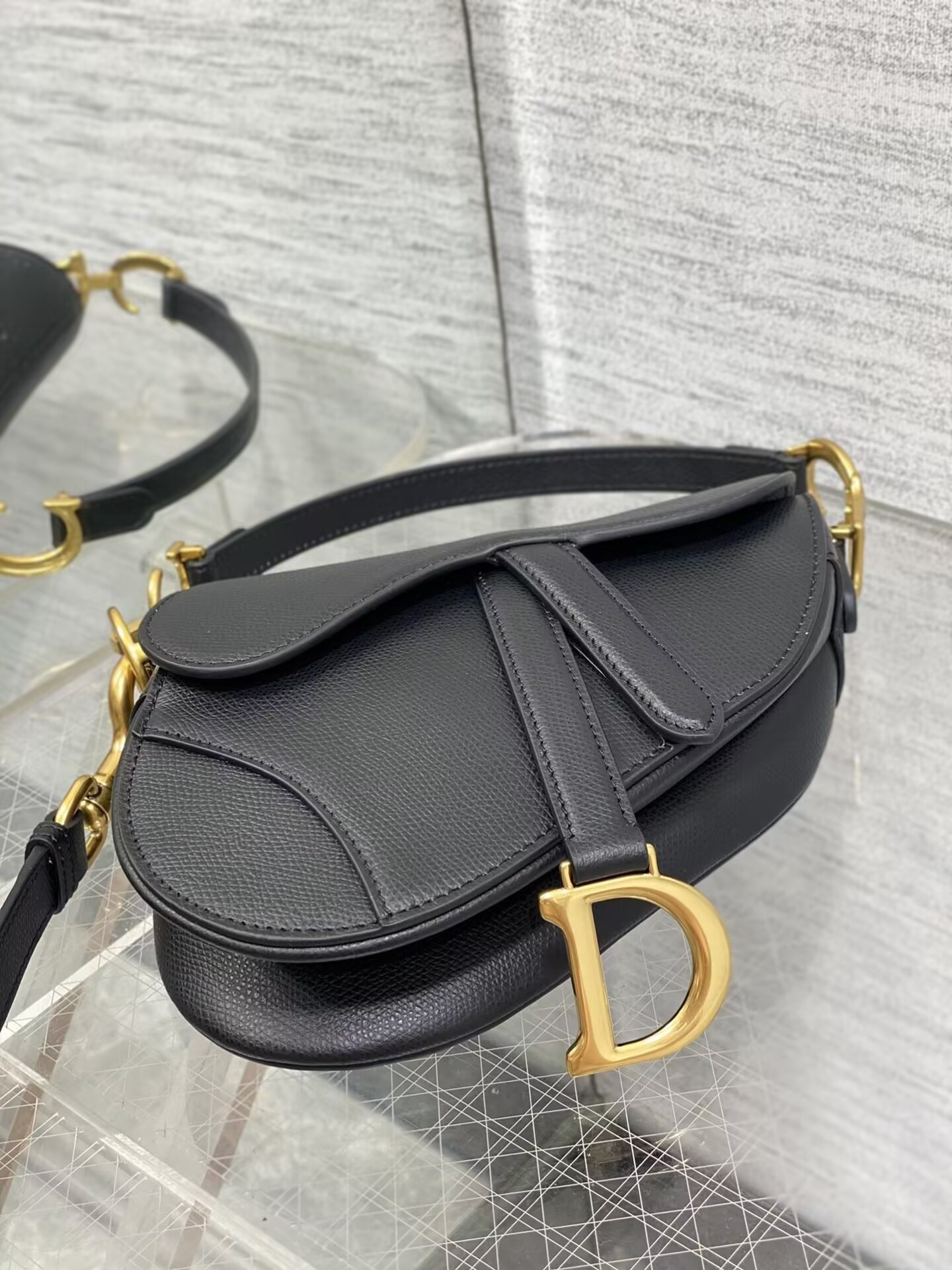 Dior MINI SADDLE BAG WITH STRAP Black Grained Calfskin 19 x 16 x 5 cm
