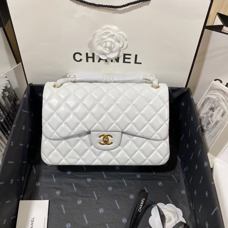 Chanel Classic Flap Jumbo 30cm CF White Gold 7.6 × 11.7 × 3.9 in