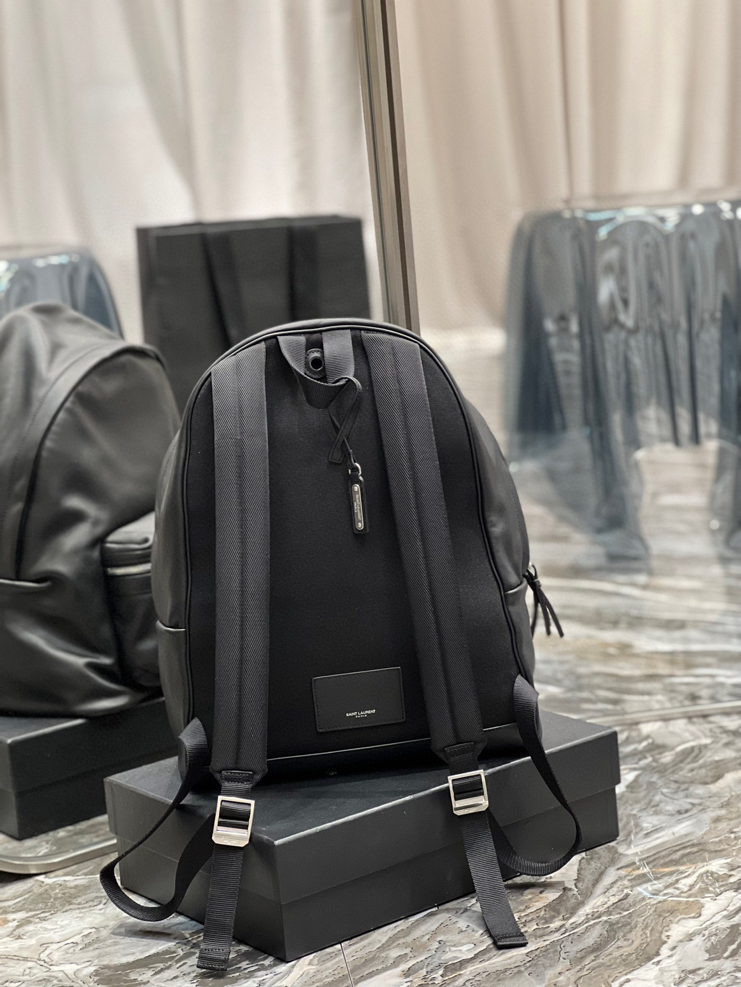 YSL CITY BACKPACK IN CANVAS, NYLON AND LEATHER   31 X 41 X 22 CM  12.2 X 16.1 X 8.6 INCHES