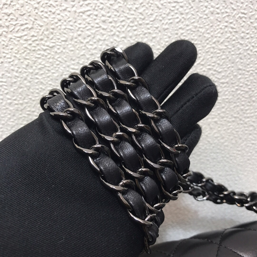 CHANEL CRUMPLED CALFSKIN QUITED DOUBLE FLAP BLACK  15.5x25.5x6.5cm