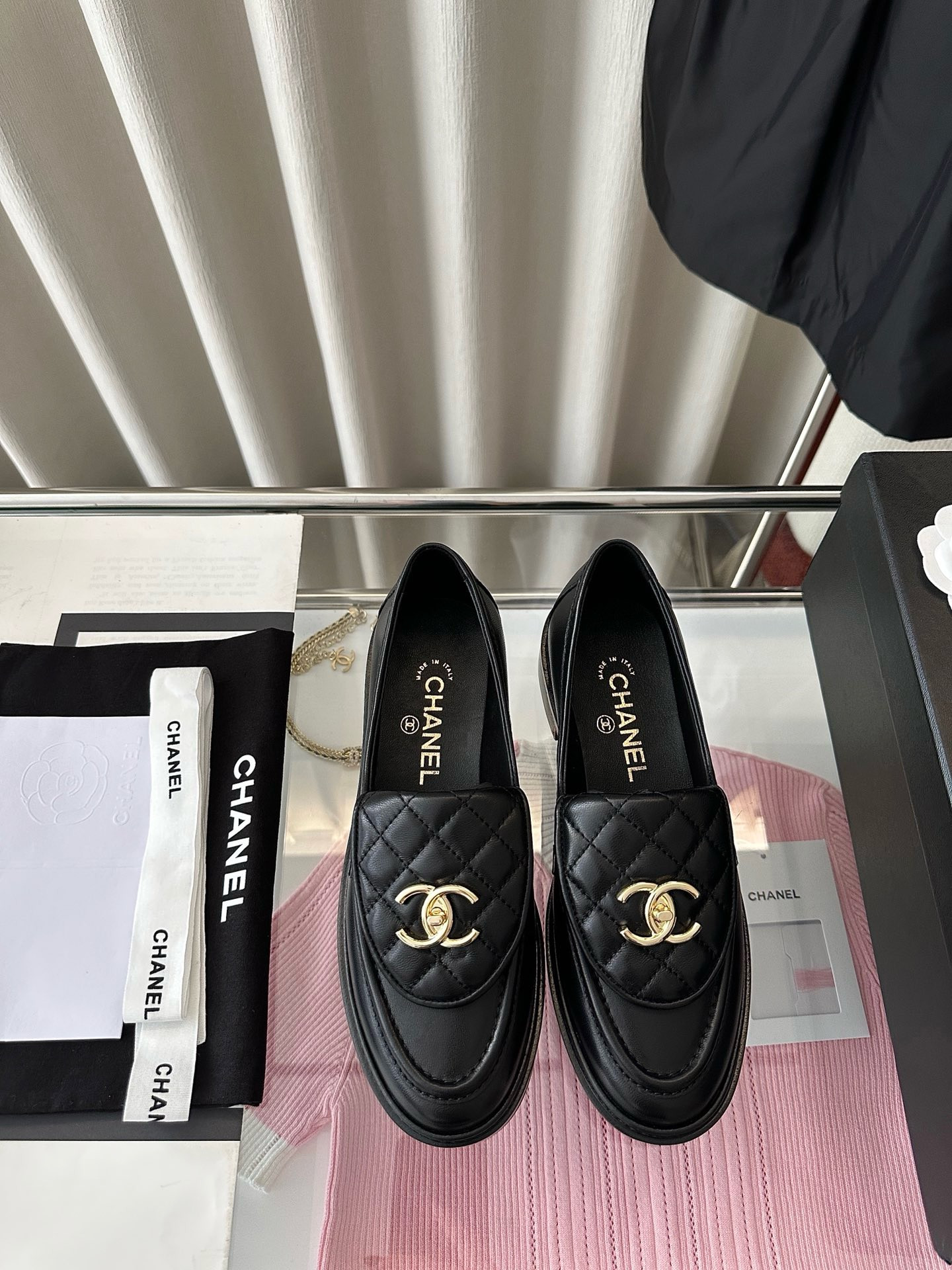 Chanel Quilted Tab Loafers  Black Leather