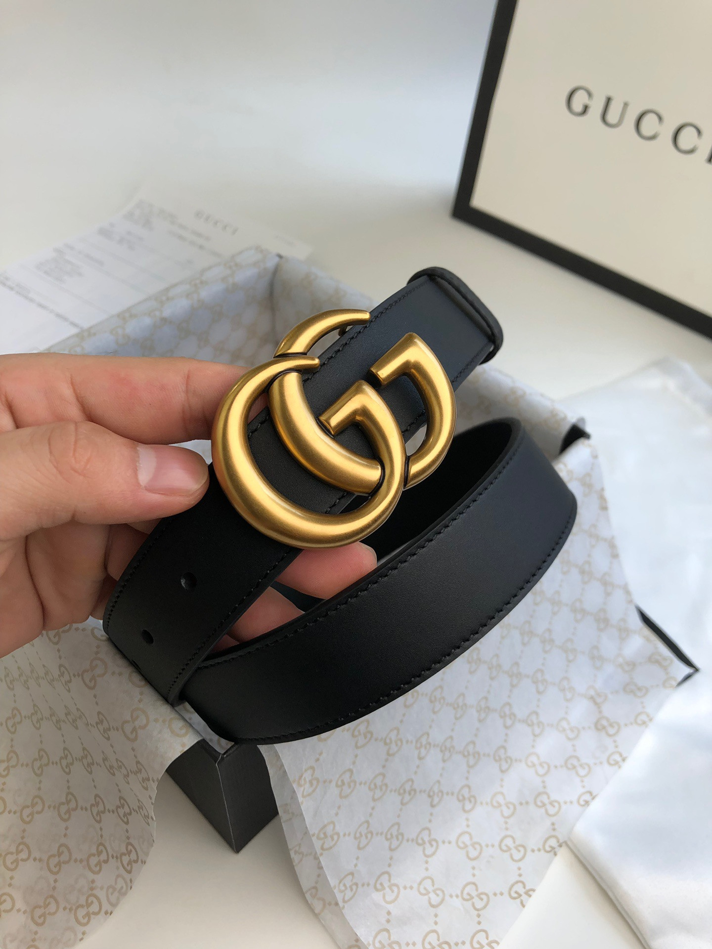 GUCCI Wide leather belt with Double G buckle 3.5