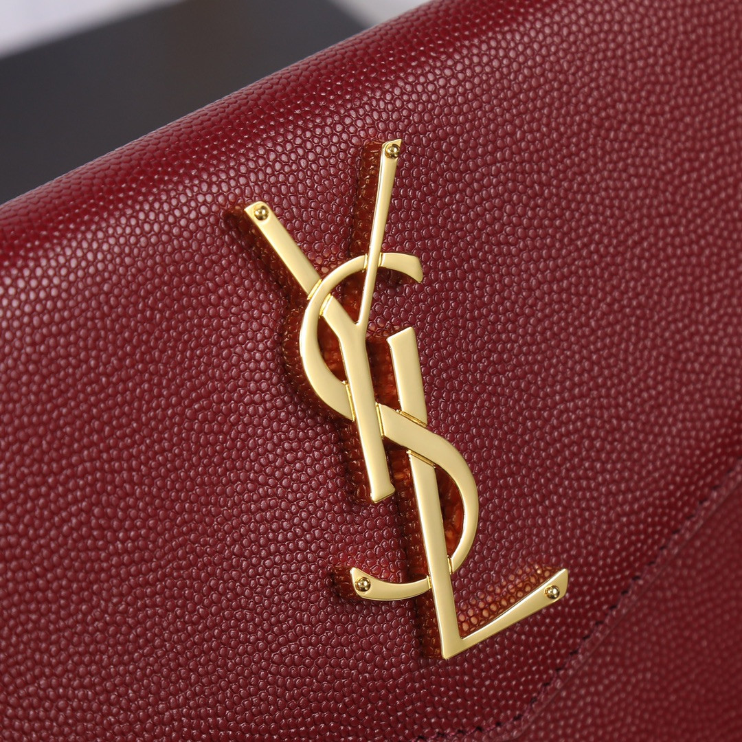 YSL UPTOWN POUCH IN GRAIN DE POUDRE EMBOSSED LEATHER ROUGE OPYUM 10.6 X 6.2 X 0.7 INCHES