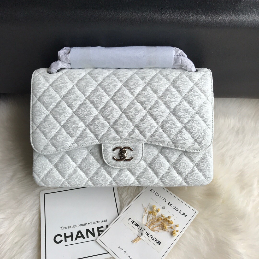 Chanel Classic Flap Jumbo 30cm CF White Silver 7.6 × 11.7 × 3.9 in