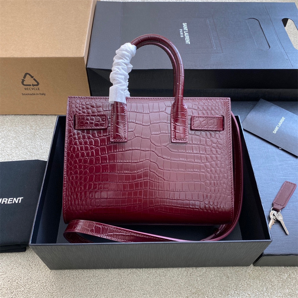 YSL SAC DE JOUR NANO IN CROCODILE EMBOSSED LEATHER ROUGE LEGION 8.6 X 6.8 X 3.5 INCHES