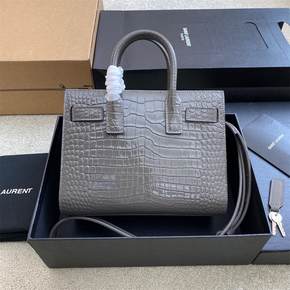 YSL SAC DE JOUR NANO IN CROCODILE EMBOSSED LEATHER DARK GREY 8.6 X 6.8 X 3.5 INCHES