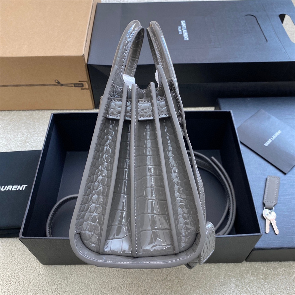 YSL SAC DE JOUR NANO IN CROCODILE EMBOSSED LEATHER DARK GREY 8.6 X 6.8 X 3.5 INCHES