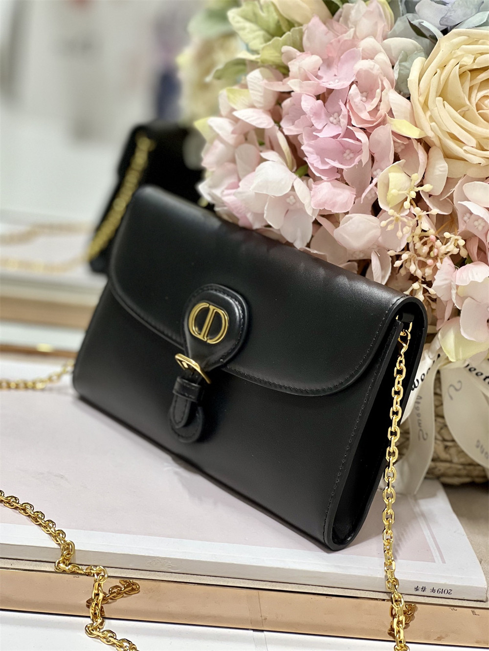 DIOR BOBBY EAST-WEST POUCH WITH CHAIN Latte Smooth Calfskin Black