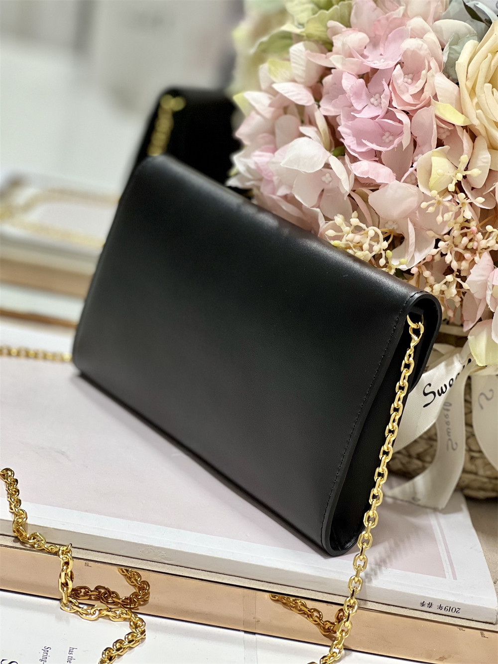 DIOR BOBBY EAST-WEST POUCH WITH CHAIN Latte Smooth Calfskin Black