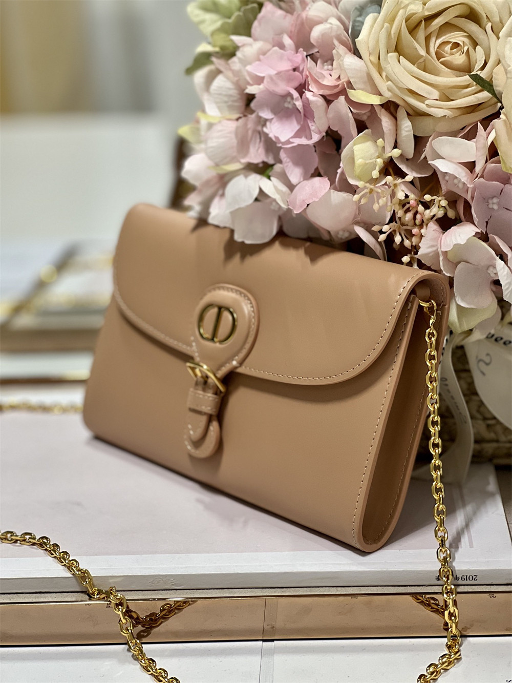 DIOR BOBBY EAST-WEST POUCH WITH CHAIN Latte Smooth Calfskin Amber