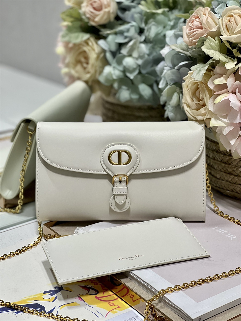 DIOR BOBBY EAST-WEST POUCH WITH CHAIN Latte Smooth Calfskin White