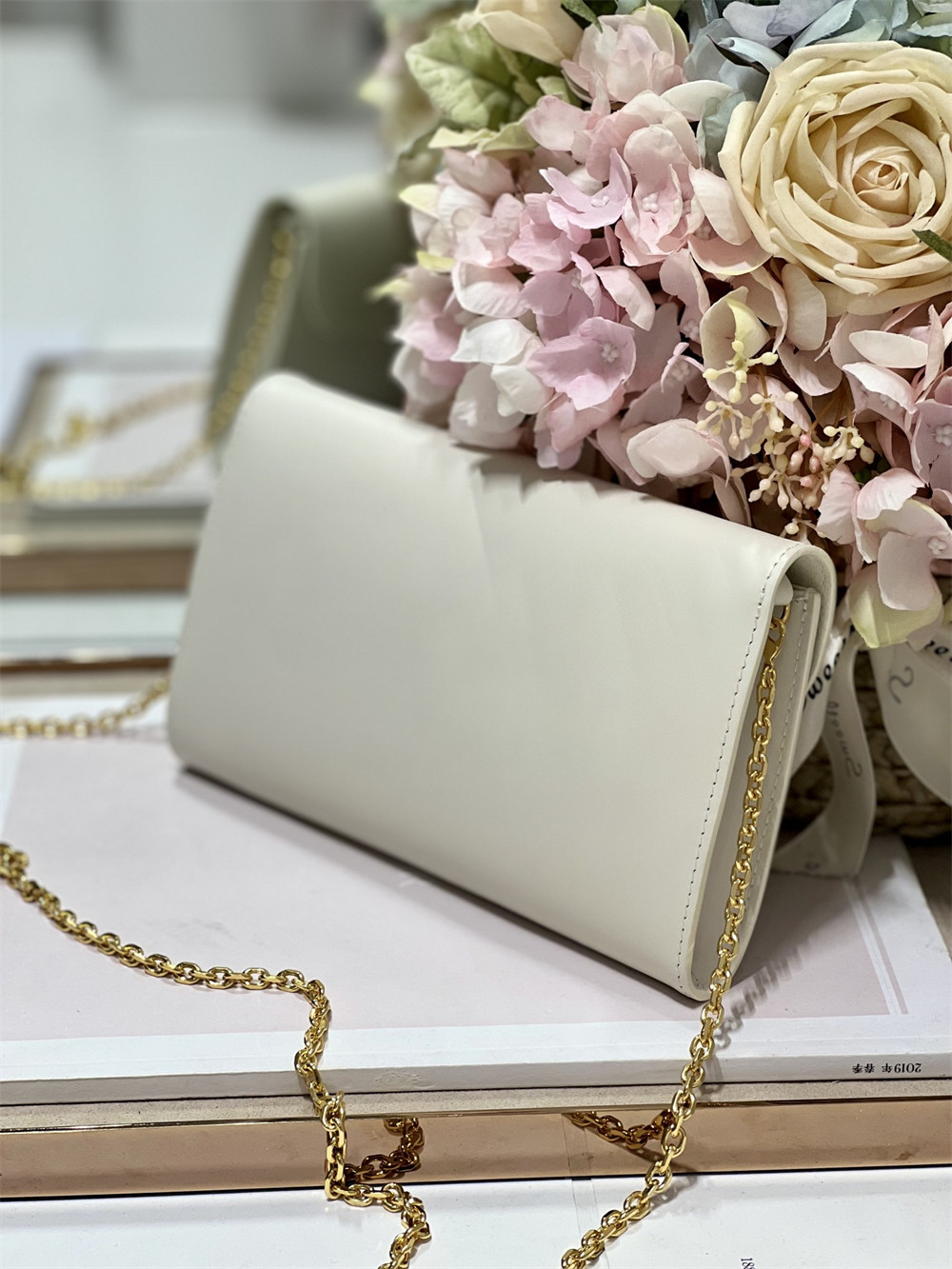 DIOR BOBBY EAST-WEST POUCH WITH CHAIN Latte Smooth Calfskin White