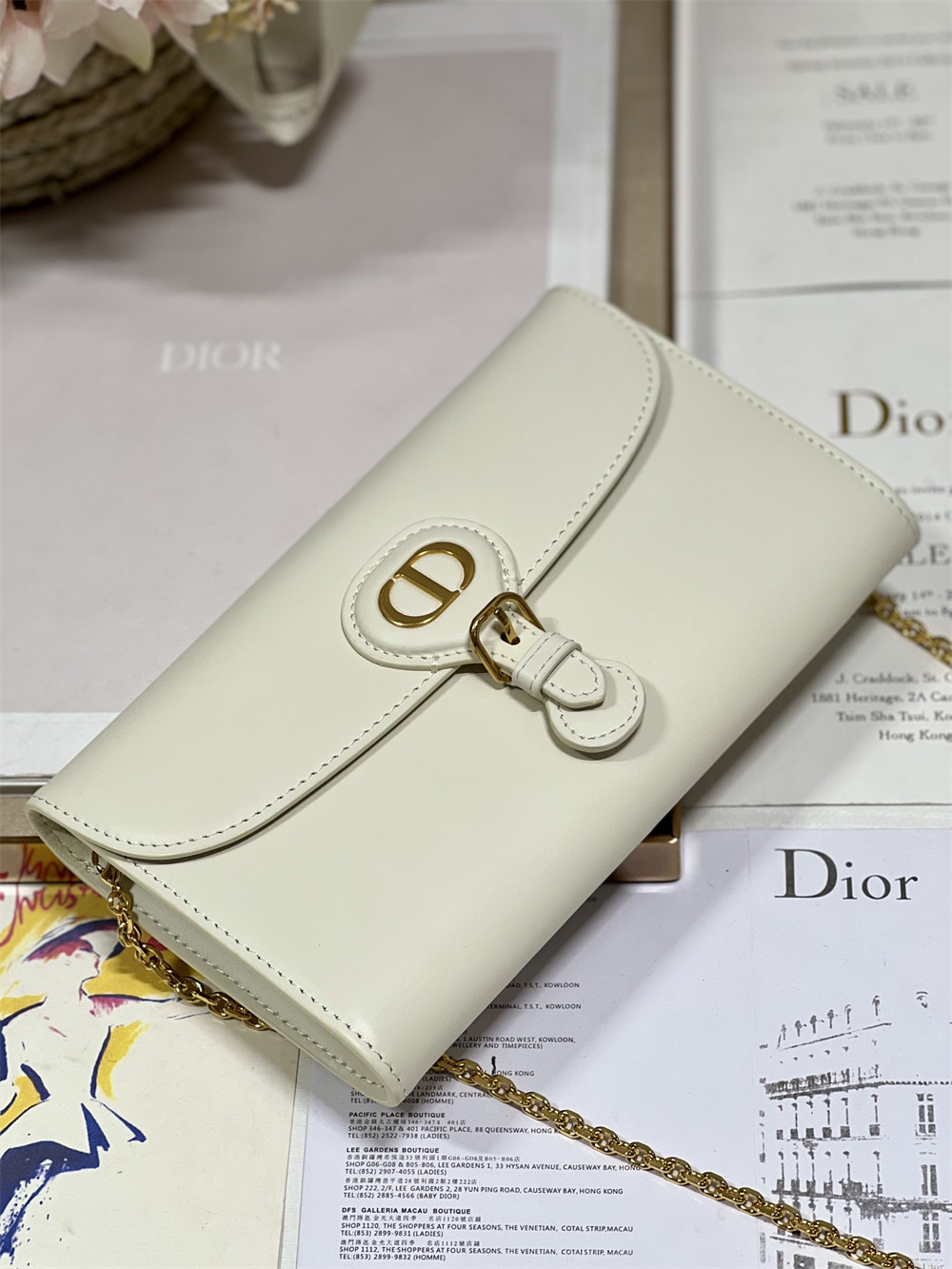 DIOR BOBBY EAST-WEST POUCH WITH CHAIN Latte Smooth Calfskin White