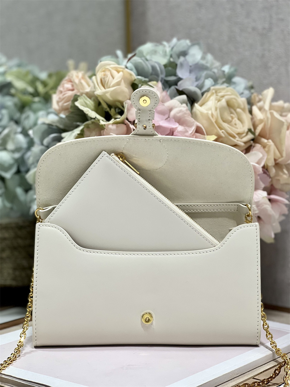 DIOR BOBBY EAST-WEST POUCH WITH CHAIN Latte Smooth Calfskin White