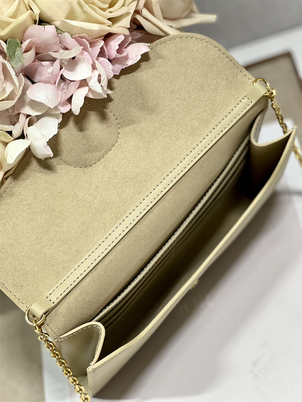 DIOR BOBBY EAST-WEST POUCH WITH CHAIN Latte Smooth Calfskin Apricot