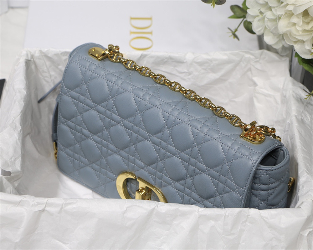 LARGE DIOR CARO BAG Light Blue Supple Cannage Calfskin 29 x 18 x 10 cm
