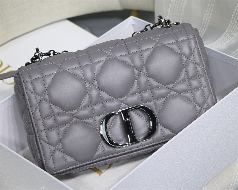 MEDIUM DIOR CARO BAG Grey Supple Cannage Calfskin With Black Hardware 25.5 x 15.5 x 8 cm