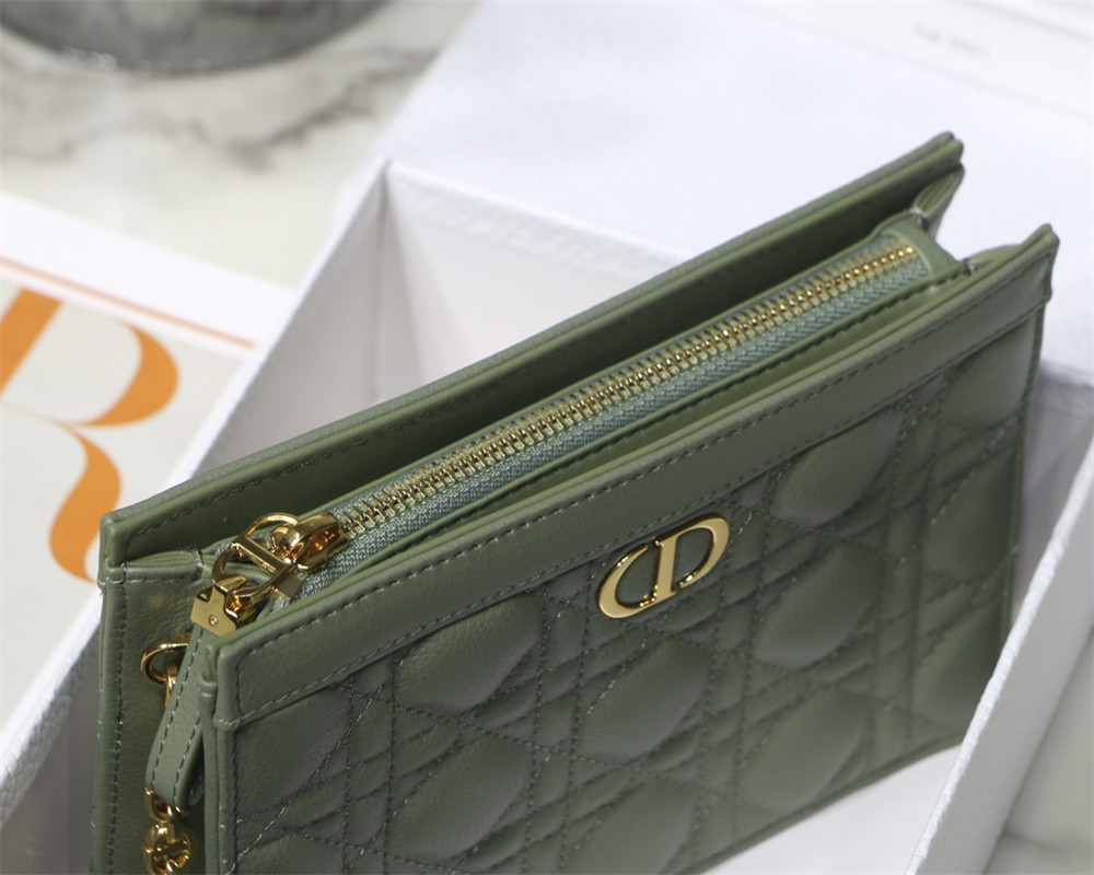 DIOR CARO ZIPPED POUCH WITH CHAIN Green Supple Cannage Calfskin 19 x 14 x 4.5 cm