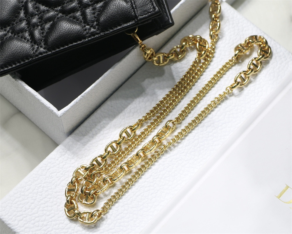 DIOR CARO ZIPPED POUCH WITH CHAIN Black Supple Cannage Calfskin 19 x 14 x 4.5 cm