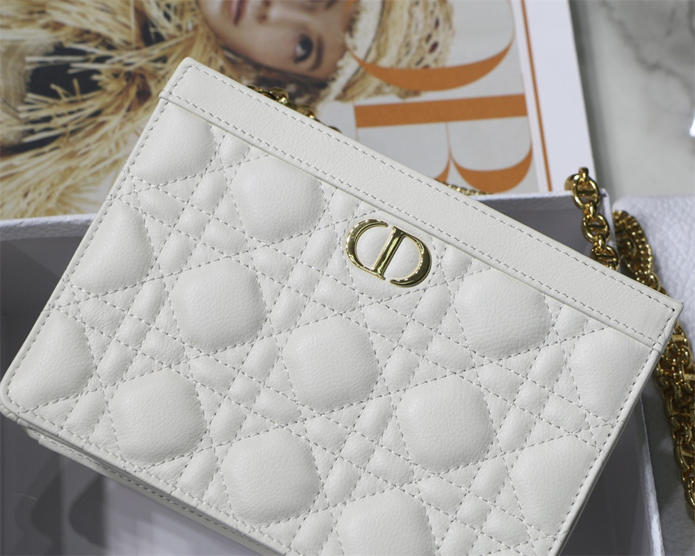 DIOR CARO ZIPPED POUCH WITH CHAIN Latte Supple Cannage Calfskin 19 x 14 x 4.5 cm