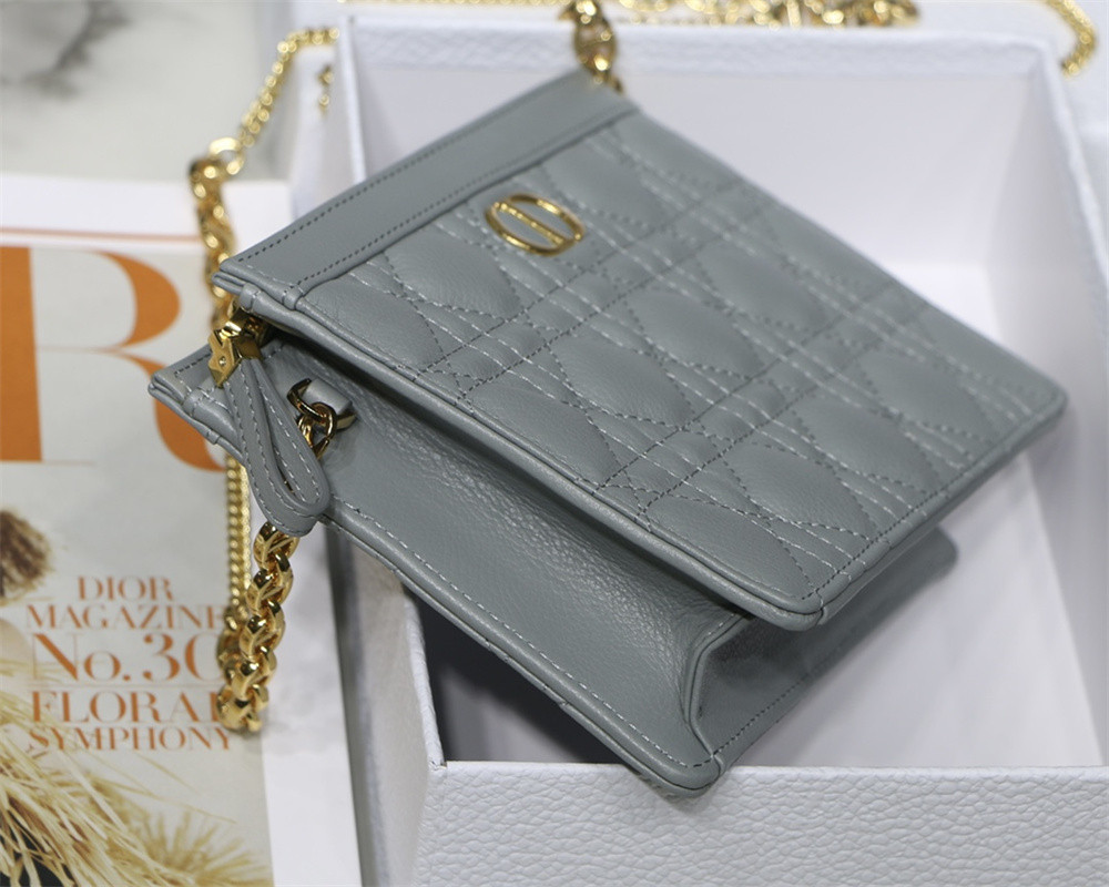 DIOR CARO ZIPPED POUCH WITH CHAIN Grey Supple Cannage Calfskin 19 x 14 x 4.5 cm
