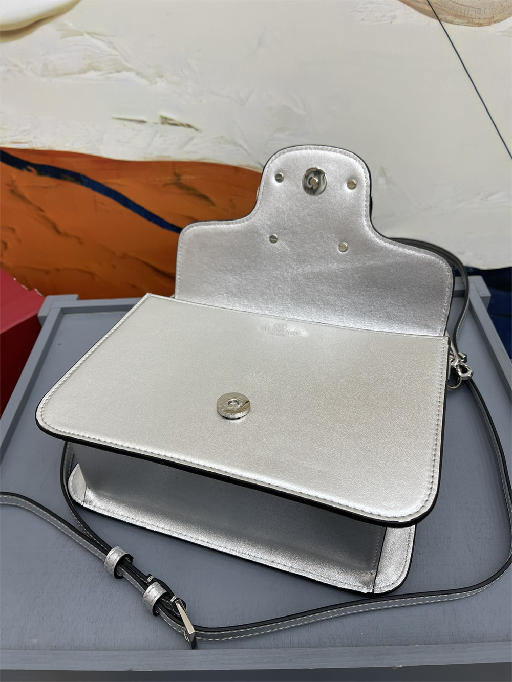 VALENTINO GARAVANI LOCÒ CALFSKIN SHOULDER SMALL BAG SILVER 22 x 16  x 7 cm