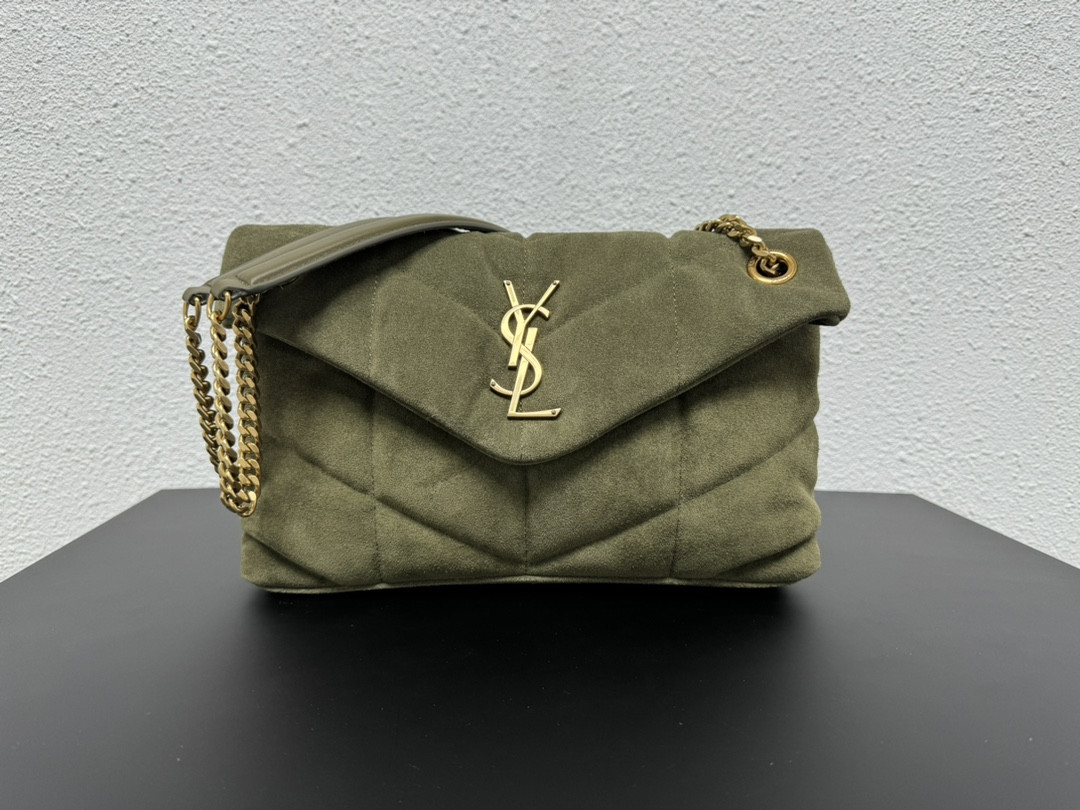 YSL PUFFER SMALL IN SHINY VELVET PALE OLIVE