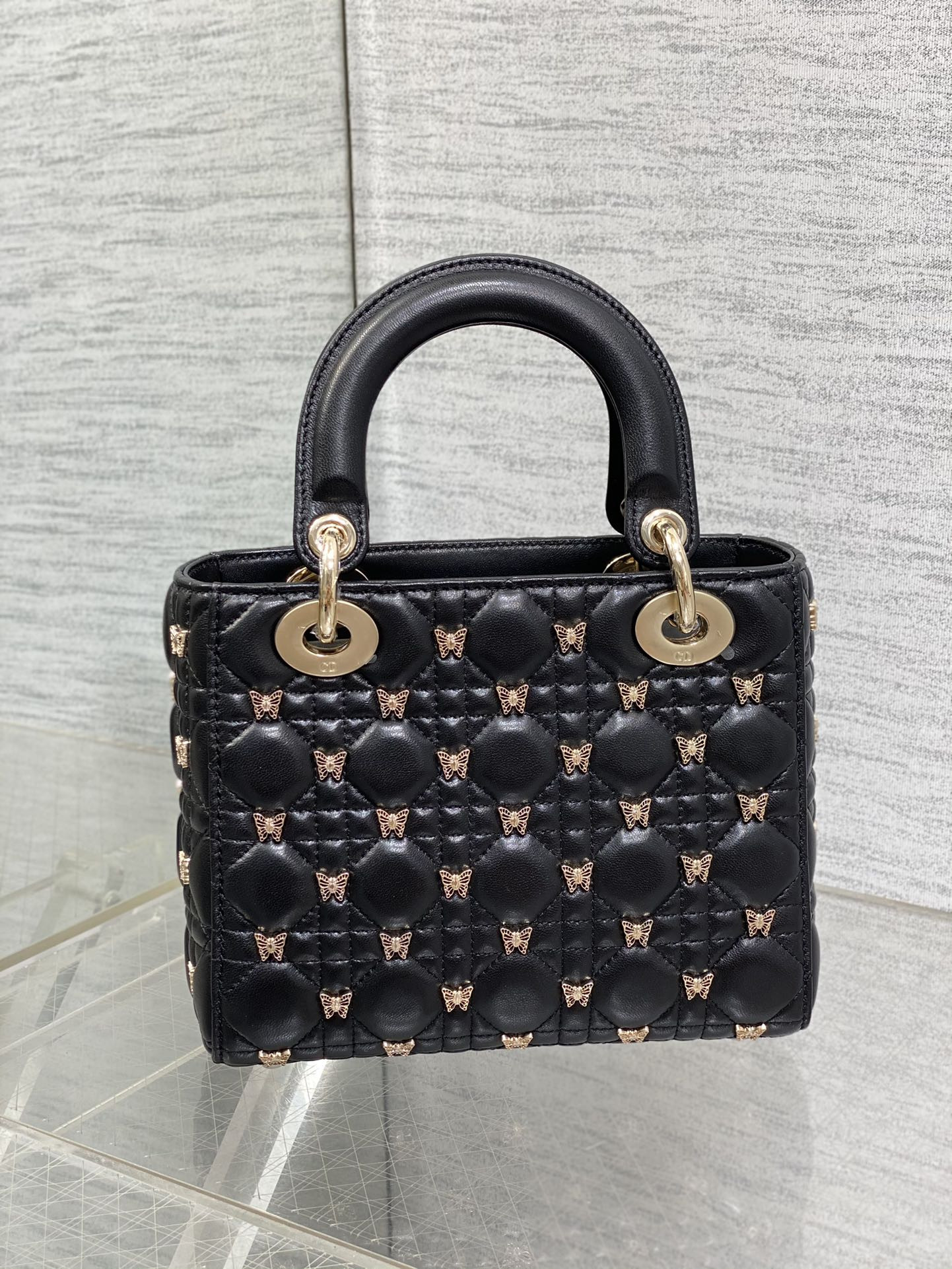 SMALL LADY DIOR Black with Butterfly Studs