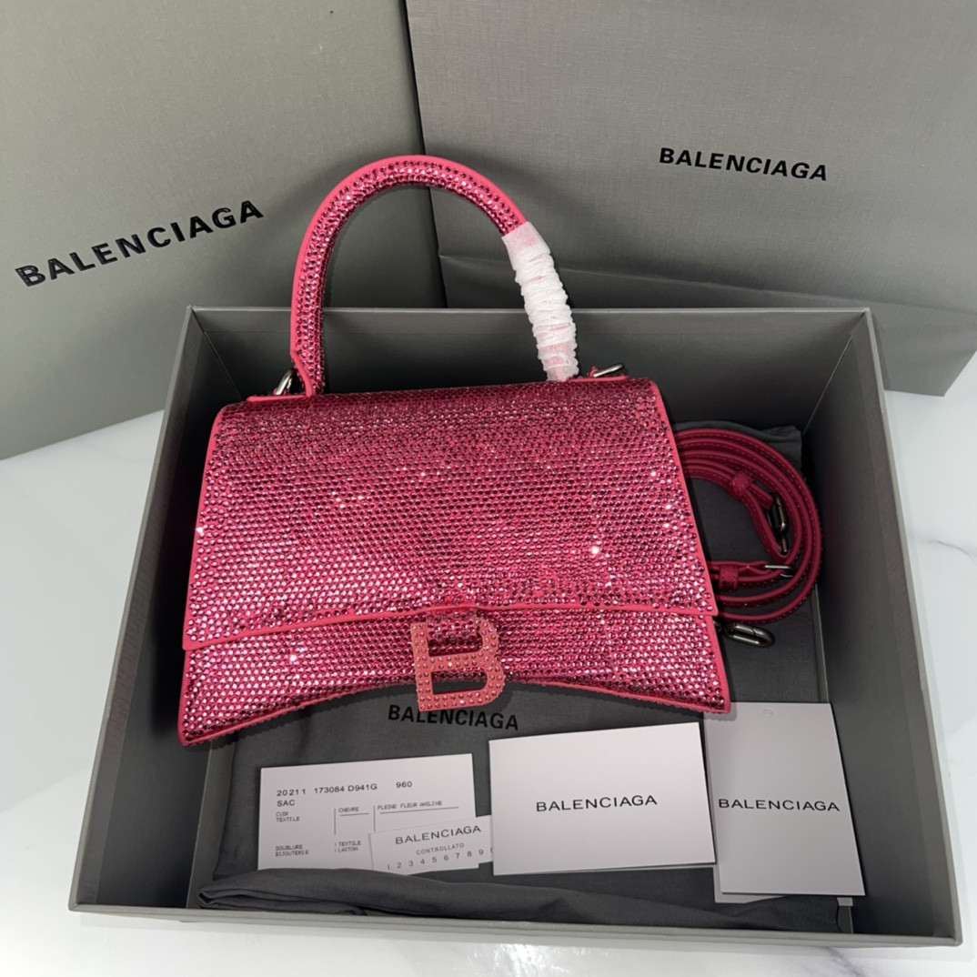 BALENCIAGA WOMEN'S HOURGLASS SMALL HANDBAG WITH RHINESTONES ROSERED L9 x H5.5 x W3.9 inch