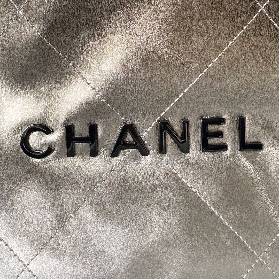 CHANEL 22 SMALL HANDBAG Shiny Calfskin SILVER 13.7×14.4×2.7 in
