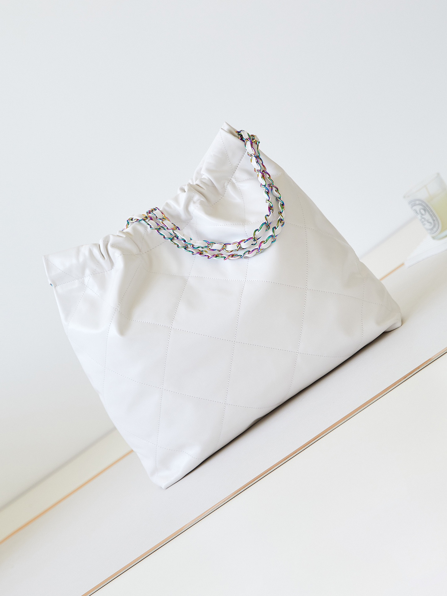 CHANEL 22 SMALL HANDBAG Shiny Calfskin & Rainbow Metal White 15.2×16.4×3.1 in